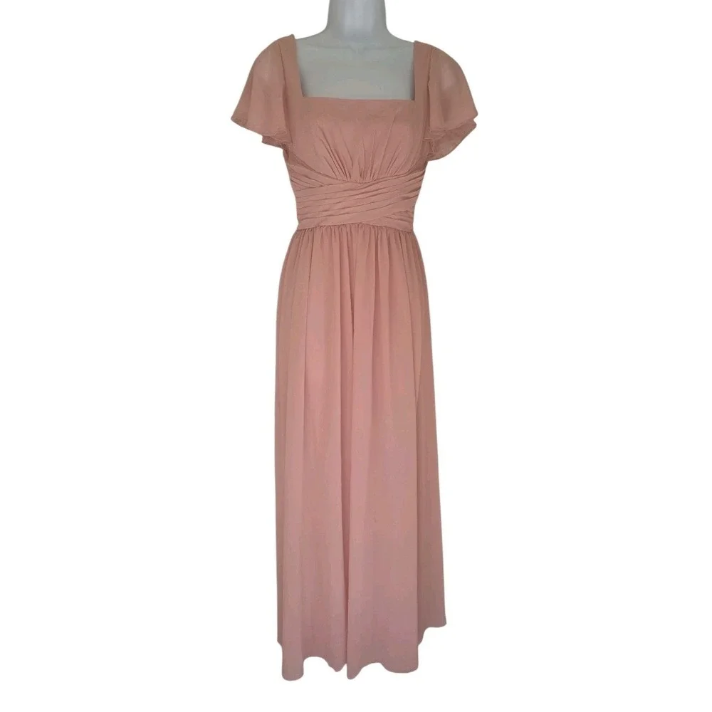 Dusty Pink Chiffon Maxi Dress Girl 18 Flutter Sleeve Zip Tie Lined Angelcore NWT